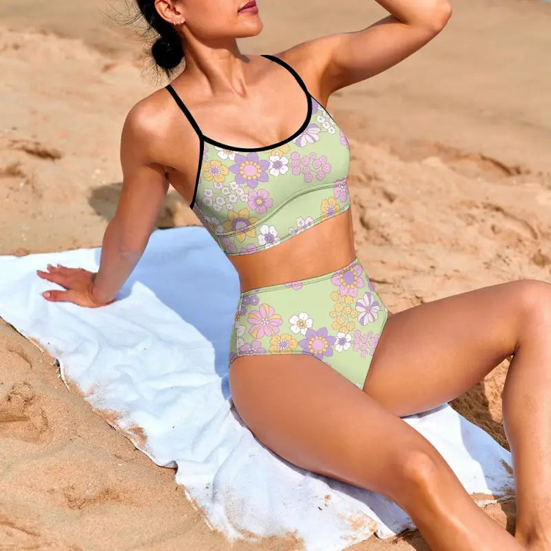 Floral print high-waisted bikini in skin-friendly polyester spandex, perfect for every length cm