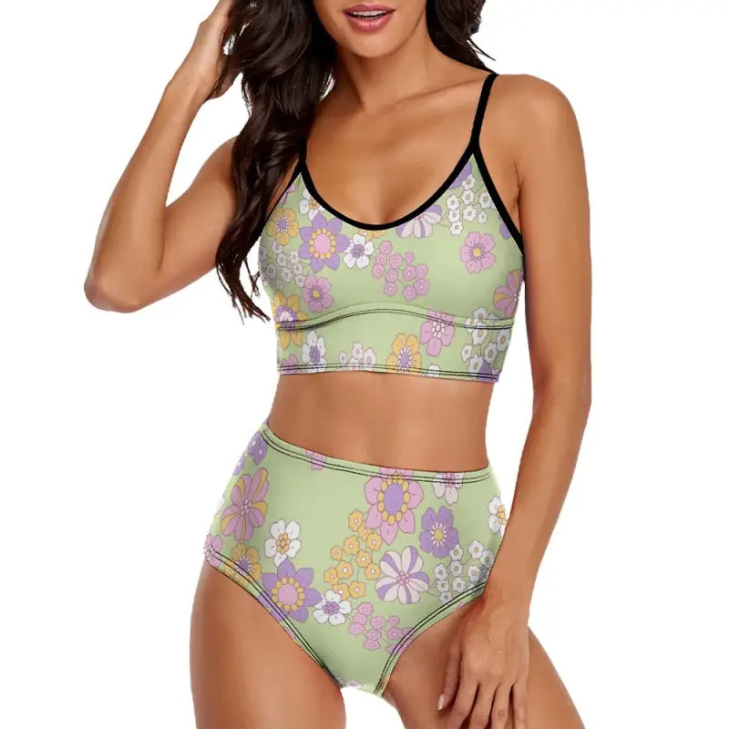 Floral print two-piece swimsuit in skin-friendly polyester spandex, perfect length cm