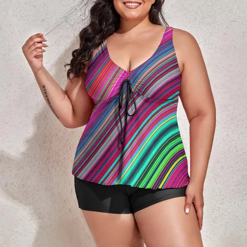 Colorful striped tankini with shorts perfect for plus size beach vibes and sunny days