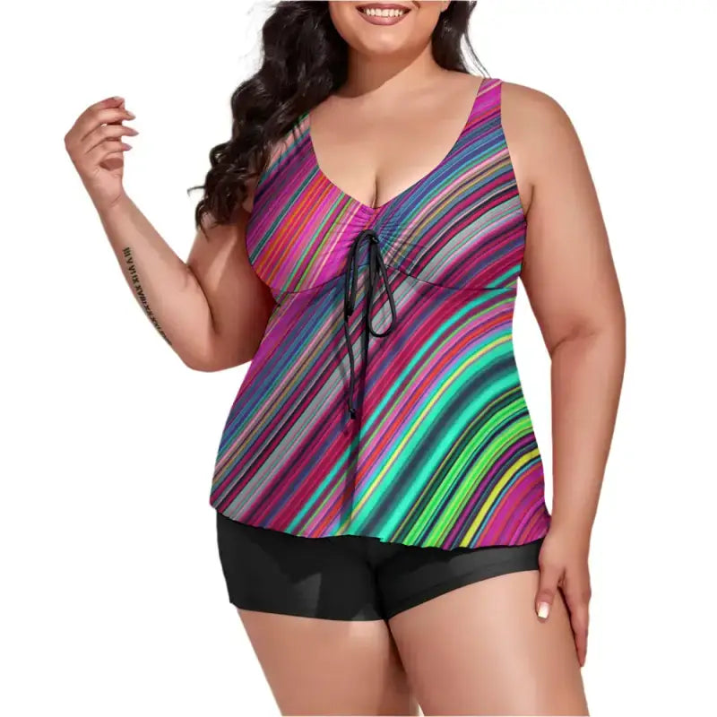 Colorful striped tankini with shorts perfect for plus size sun-kissed fun
