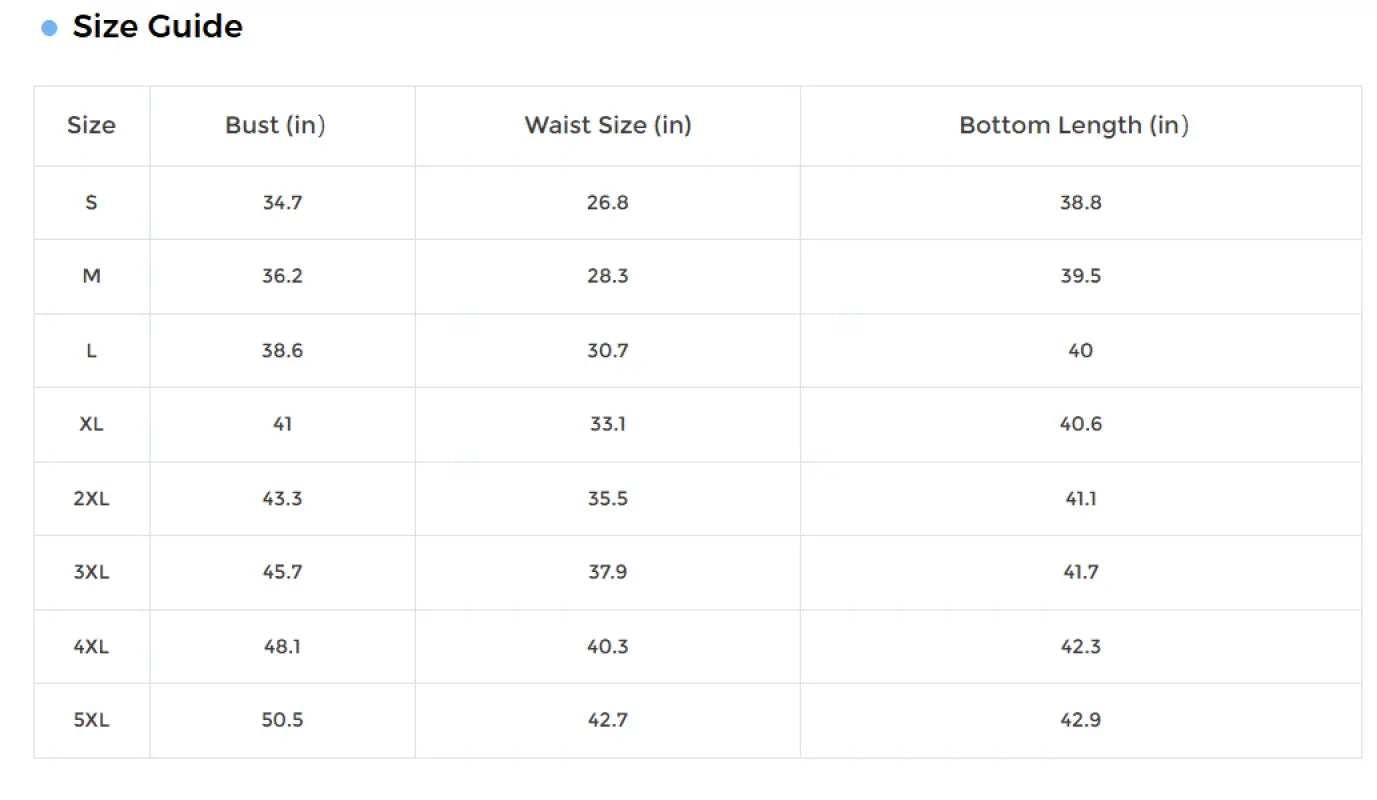 Size chart for Fun Floral Long Sleeve Pajamas showing bust, waist, and bottom length