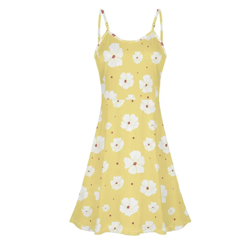 Yellow sundress with white floral print, perfect womens lounge sleeveless outfit