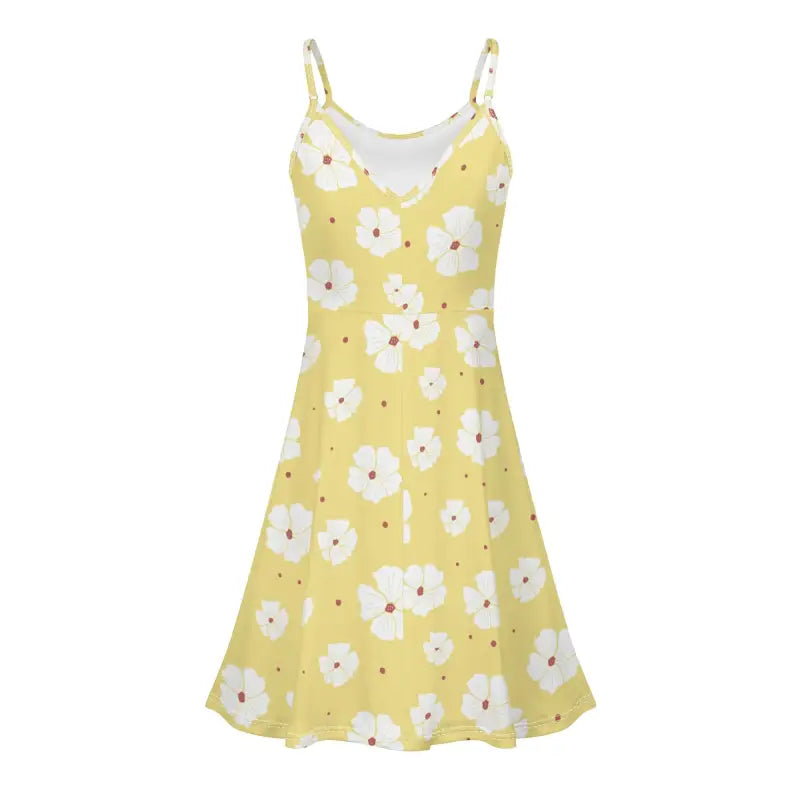 Yellow spaghetti strap short dress with white floral print for lounging in style