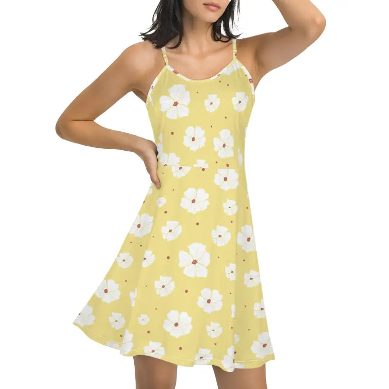 Yellow spaghetti strap short dress with white floral print for women’s lounge sleeveless vibes