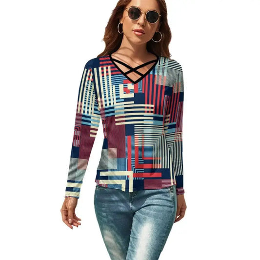 Fun women’s geometric print V-neck top with a stylish criss-cross design