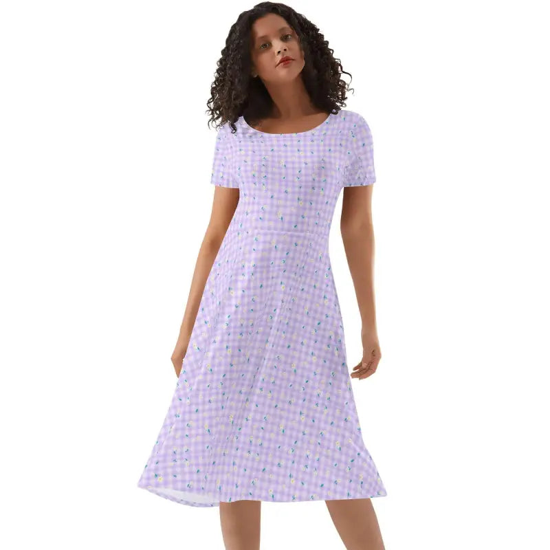 Lavender gingham print A-line dress, perfect womens purple plaid short sleeve style