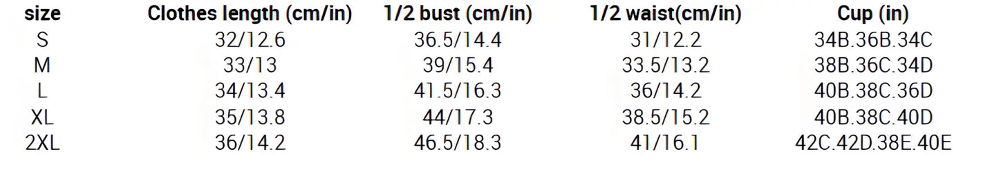 Size chart for ladies geometric print bikini showing bust, waist, and length measurements