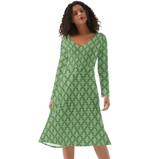 Green Damask Print Dress with V-neckline and flared skirt for stylish ruffles