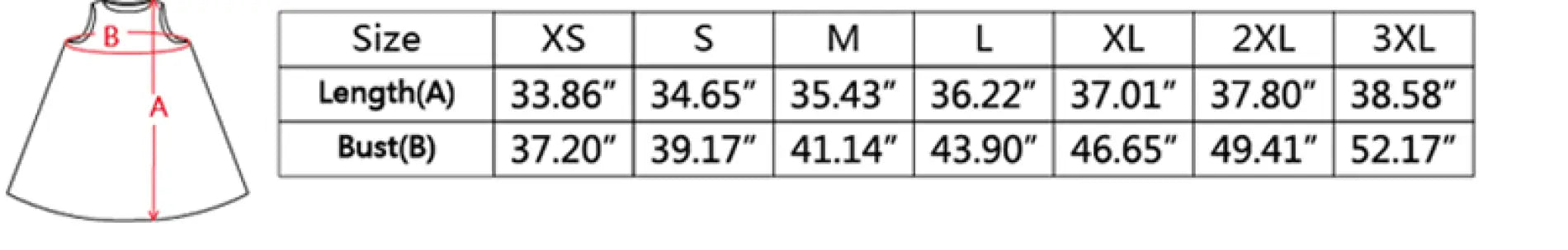 Clothing size chart for the groovy tank dress in Retro Floral Mini 70s style