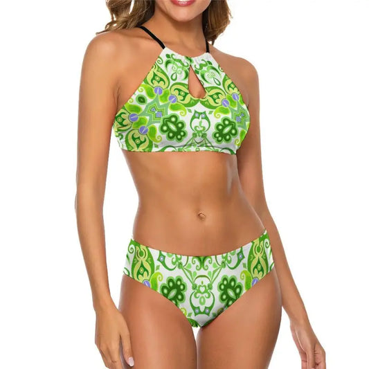 Vibrant green geometric print halter bikini swimsuit perfect for summer fun