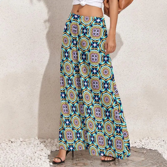 Colorful patterned maxi skirt showcasing geometric floral wide leg pants design