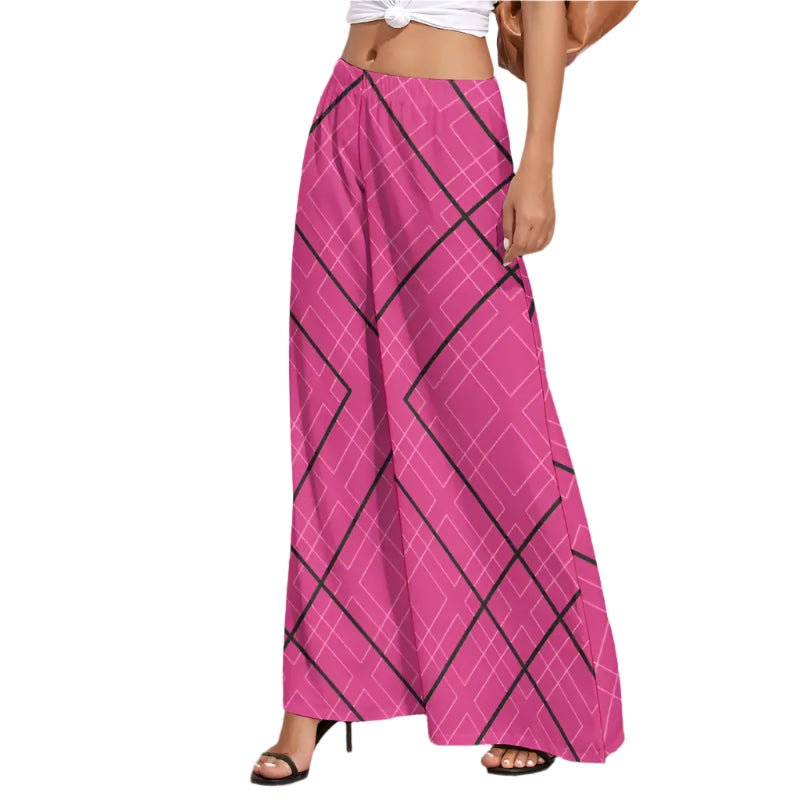 Pink geometric print maxi skirt with black lines, perfect for chic wide leg looks