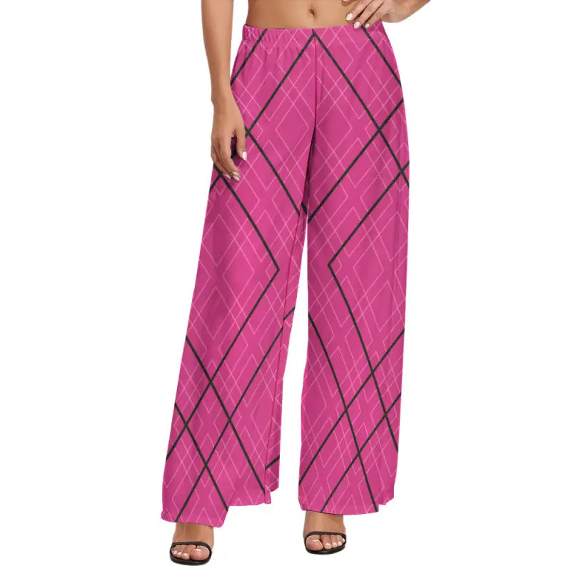 Pink geometric print wide leg pants with black diagonal plaid pattern, stylish mid rise waist