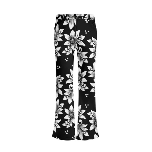 Flare pants with a black background and white floral print design for groove vibes