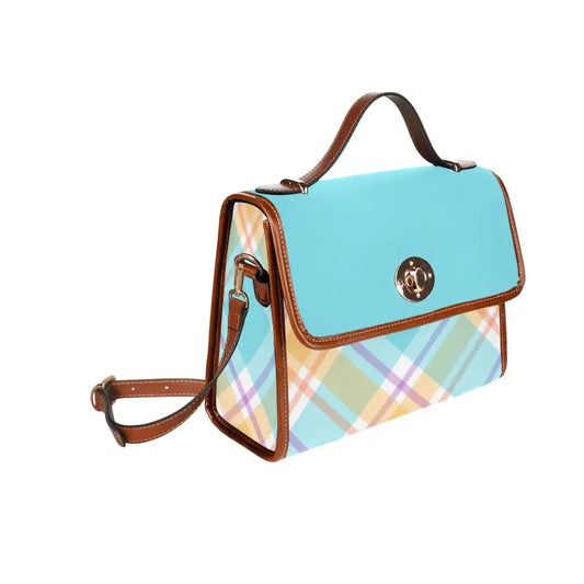 Turquoise and plaid handbag with brown leather trim, perfect blue plaid handbag for women