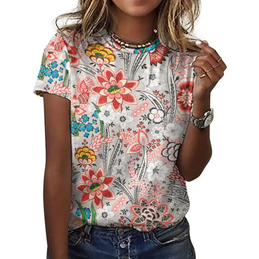 Colorful cotton floral print short sleeve t-shirt worn by a stylish person