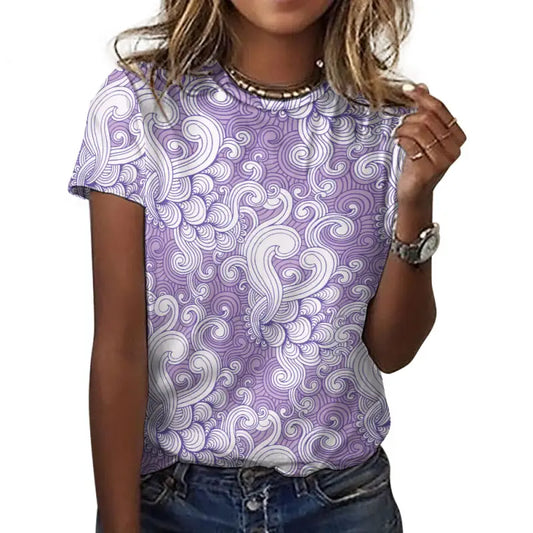 Trendy women’s purple swirl print cotton t-shirt with a cute swirling heart design