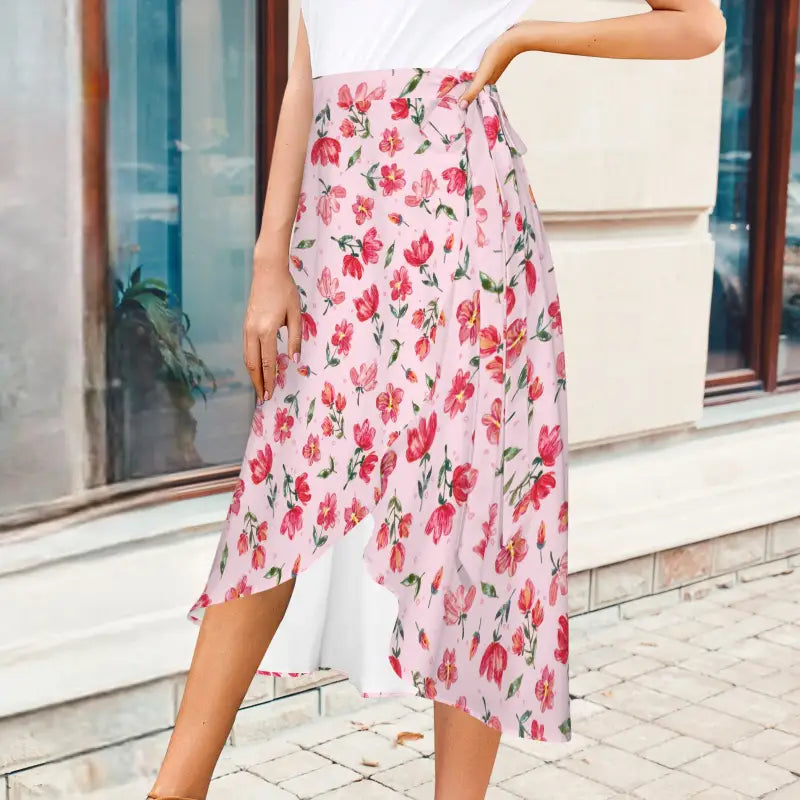 Pink floral wrap skirt with asymmetrical hemline perfect for a mood boost outfit