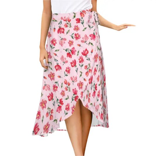 Floral wrap skirt with pink roses and ruffled hem for a mood boost