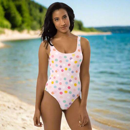 Cute pink polka dot one-piece swimsuit with pastel dots for stylish summer fun