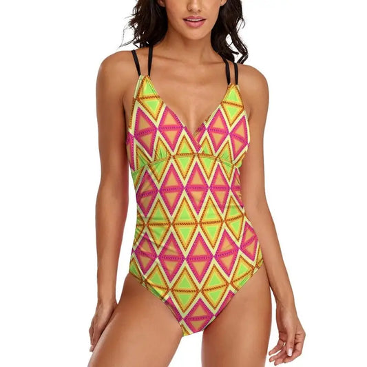 Colorful women’s multicolored geometric print one-piece swimsuit with triangle pattern