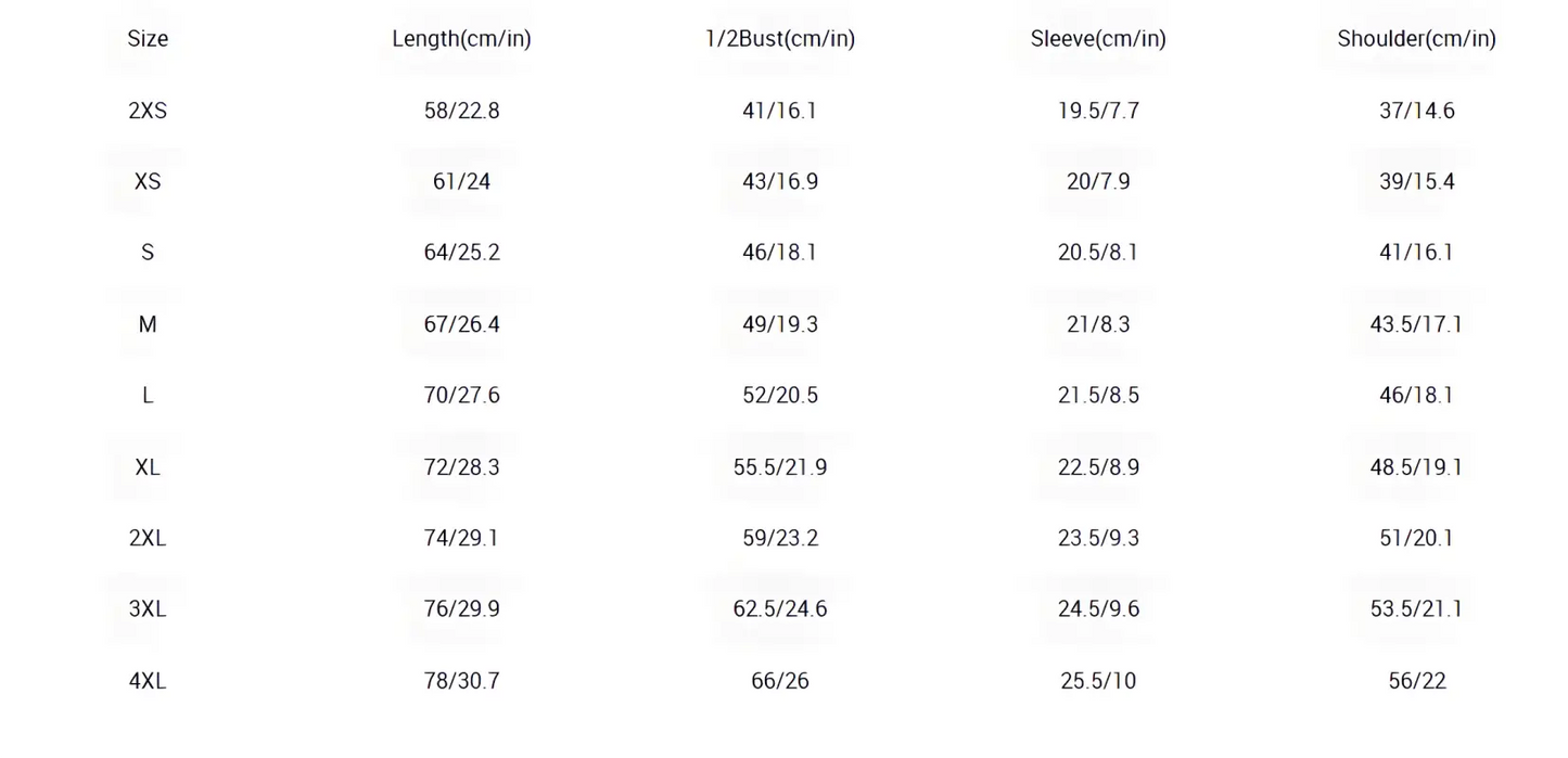 Data table for size, length, and width of Women’s Yellow Swirl T-Shirt