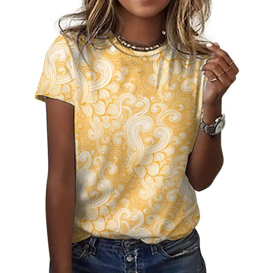 Yellow swirl print short-sleeved t-shirt with a floral design for women