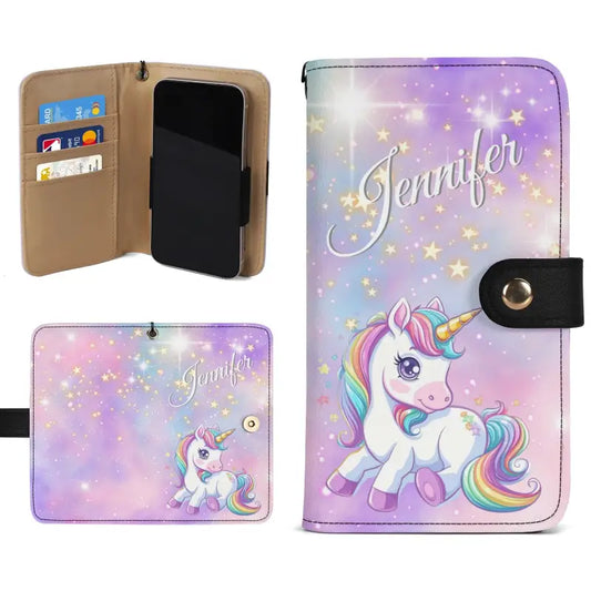 Personalized unicorn wallet phone case for Jennifer with a colorful unicorn design