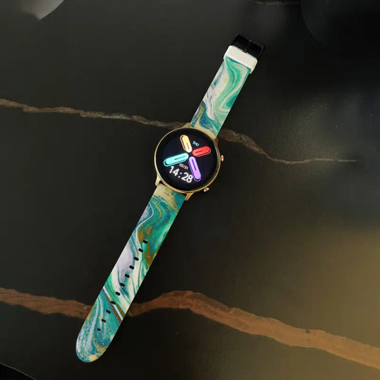 Colorful Smartwatch with Abstract Marble 20mm Band and Butterfly Icon Display