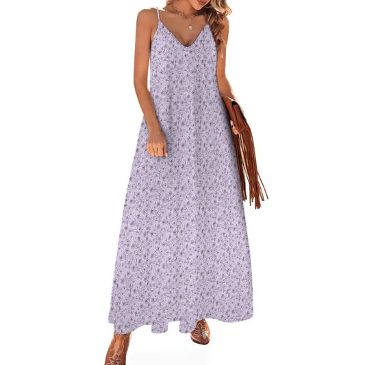 Lavender floral ankle length maxi dress with thin straps and V-neckline for women