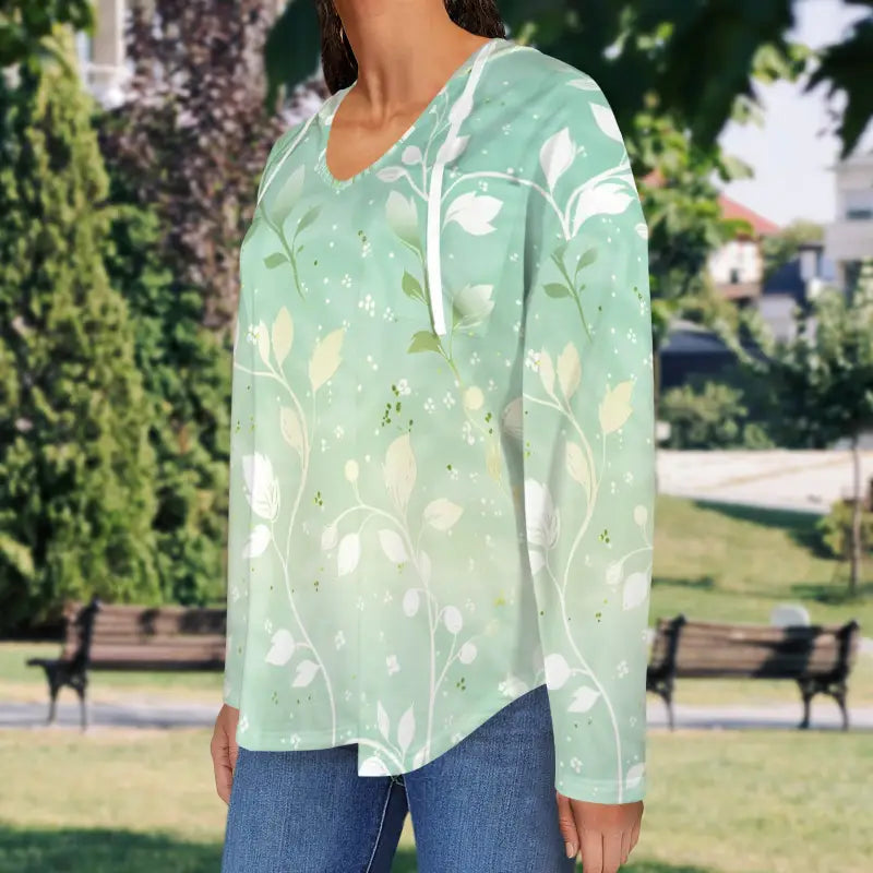 Mint green long-sleeved top with leaf pattern for cozy green boho vibes