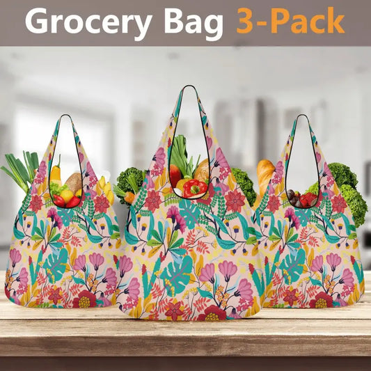 Colorful floral print grocery bags set, perfect for eco-friendly shopping trips