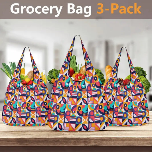 Colorful geometric print grocery bags in a fun 3-pack set for eco-friendly shopping