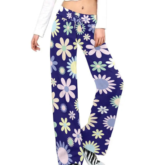 Floral-patterned wide-leg pants with navy blue background and pastel flower designs