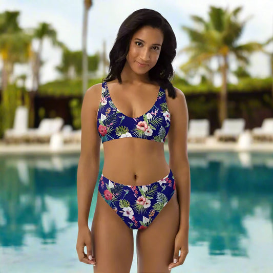 Floral print high-waisted bikini on a blue background perfect for Hawaiian vibes