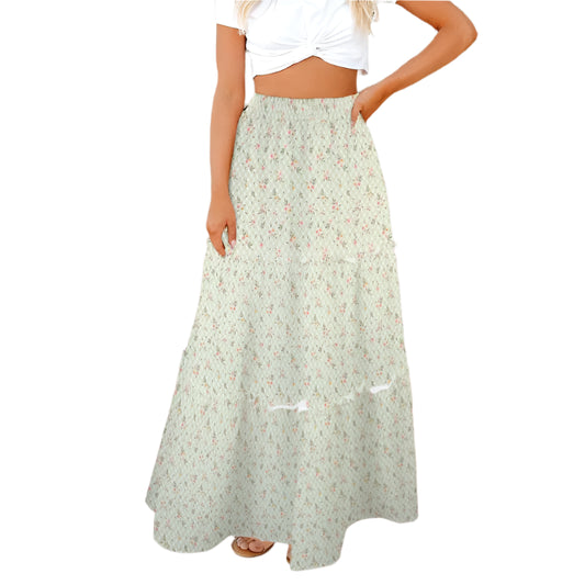 Flowy mint green maxi skirt with floral print, perfect for high waisted skirts lovers