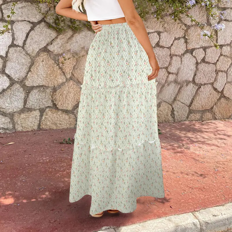 Mint green floral maxi skirt with tiered ruffles perfect for high waisted skirts lovers