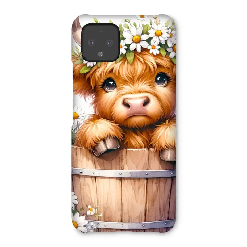 Adorable Highland Cow calf with daisies peeking from barrel on Highland Cow Snap case