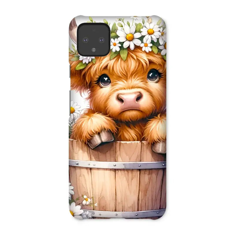 Adorable cartoon Highland Cow peeking from a barrel on a Highland Cow Snap phone case