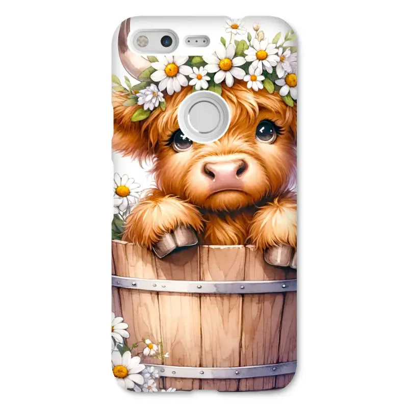 Cartoon Highland cow calf with daisies peeking over a barrel for Highland Cow Snap case