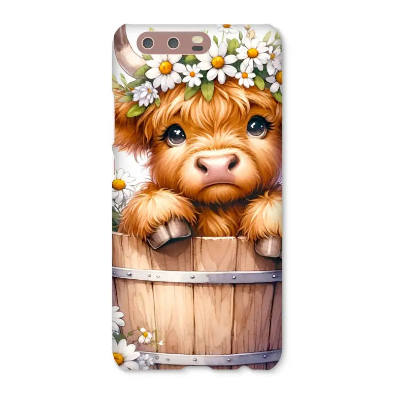 Cute Highland Cow calf with a daisy crown peeking from a barrel on a phone case