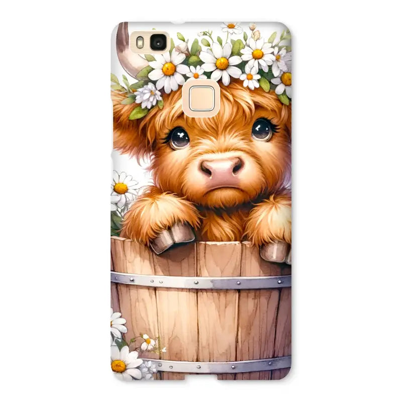 Cute cartoon Highland Cow calf in a barrel, perfect for Highland Cow Snap phone cases