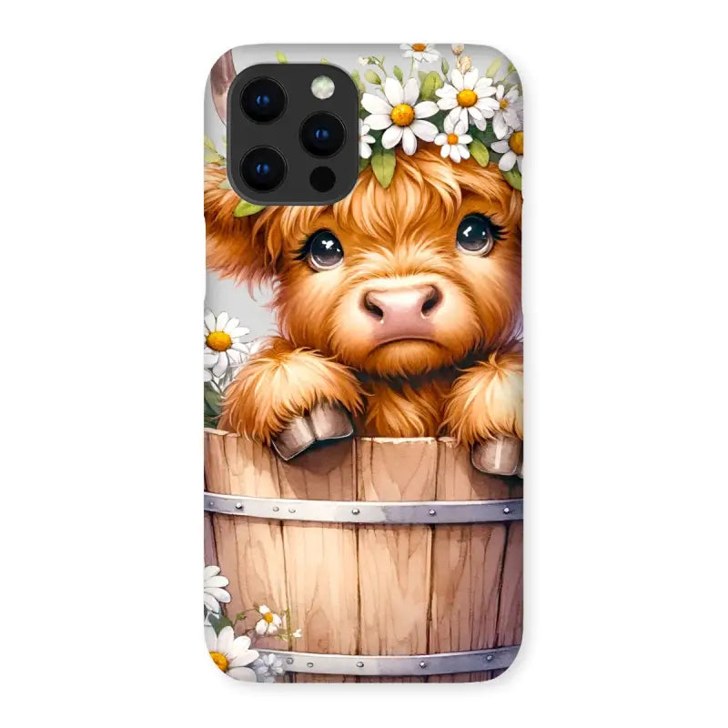 Adorable Highland Cow calf peeking over a barrel, perfect for your Google Pixel or Samsung Galaxy