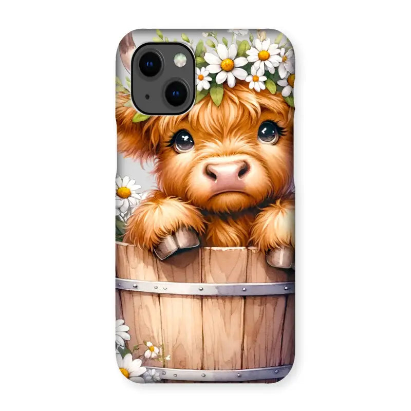 Adorable Highland Cow calf with a daisy crown peeking from a bucket on a Snap Phone Case