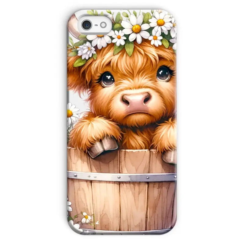 Cute cartoon Highland Cow in a flower crown peeking from a barrel on a Highland Cow Snap