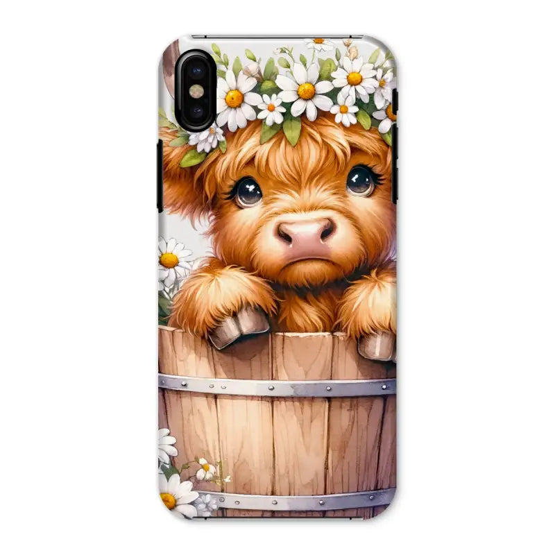 Cute cartoon Highland Cow calf with daisy crown peeking from barrel for Highland Cow Snap