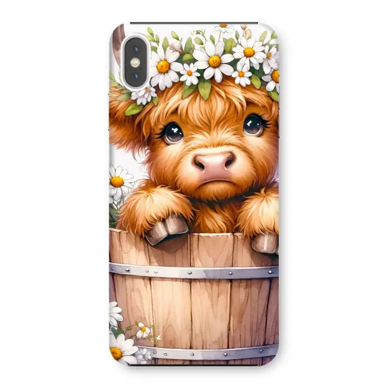 Adorable Highland Cow calf with daisy crown peeking from a bucket on a snap phone case