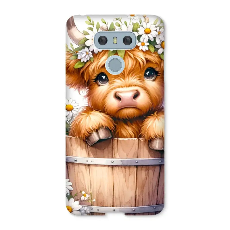 Adorable Highland Cow Snap Phone Case with a calf peeking from a barrel, perfect for Google Pixel