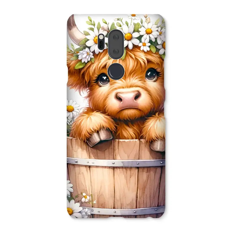 Adorable Highland Cow peeking from barrel with daisy crown on a snap phone case