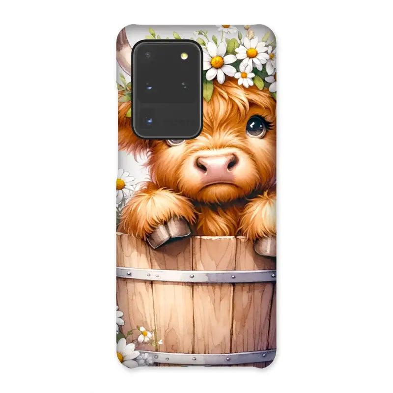 Adorable Highland Cow Snap Phone Case with a charming cow in a barrel and daisies